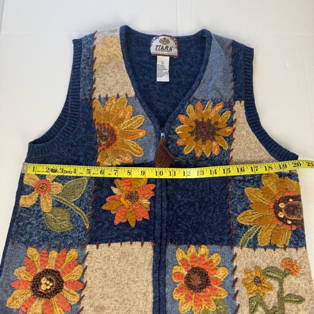 Tiara International Vintage Sunflower Patchwork Zip Sweater Vest Blue Large - Picture 4 of 7